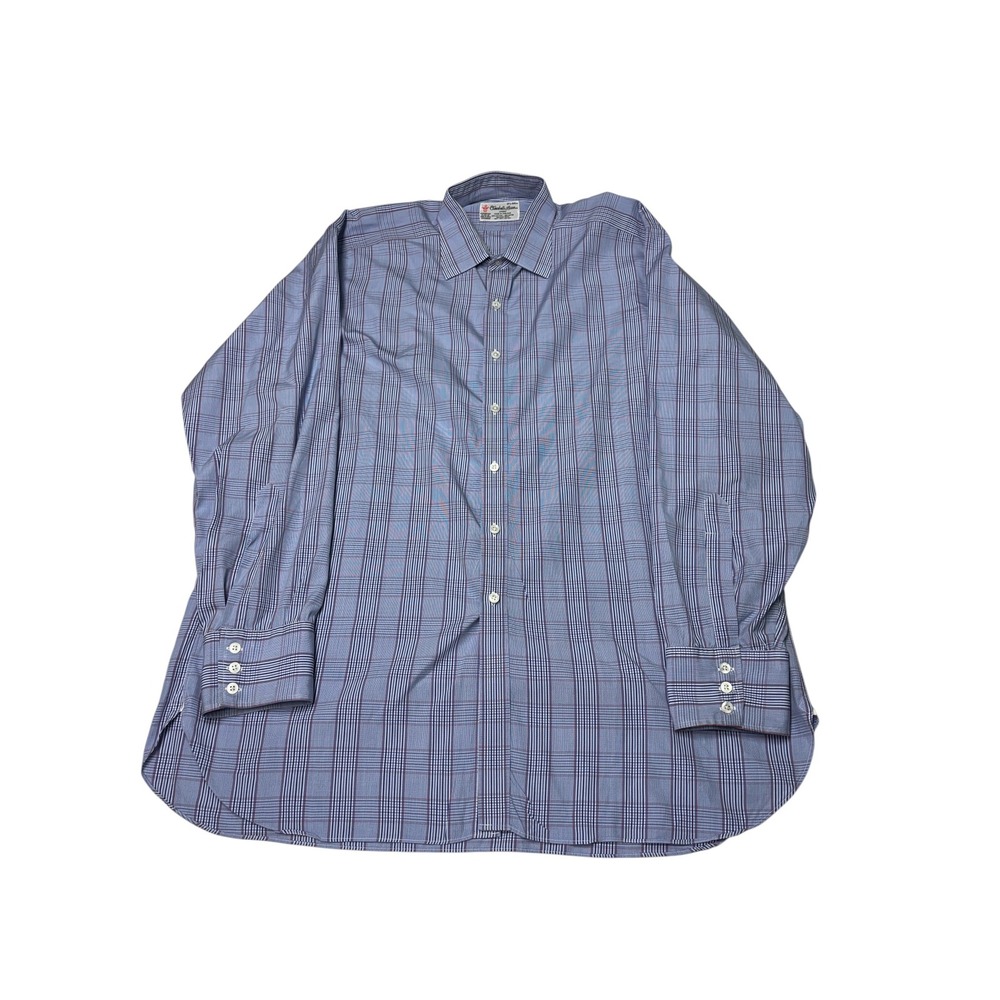 Turnbull & Asser Mens Blue Red Glen Plaid Cotton Dress Shirt 17.5 44cm England